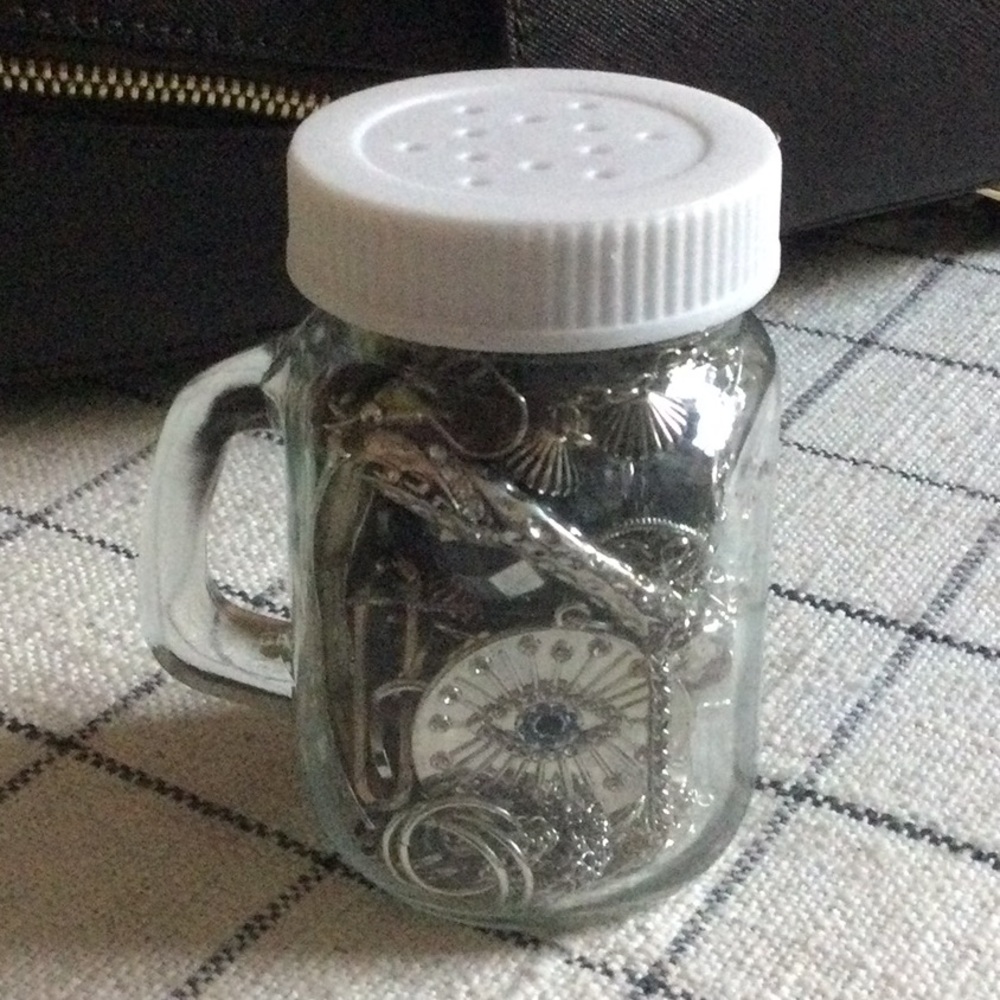Glass Mason Jar With White Lid - Filled With Silver Jewelry